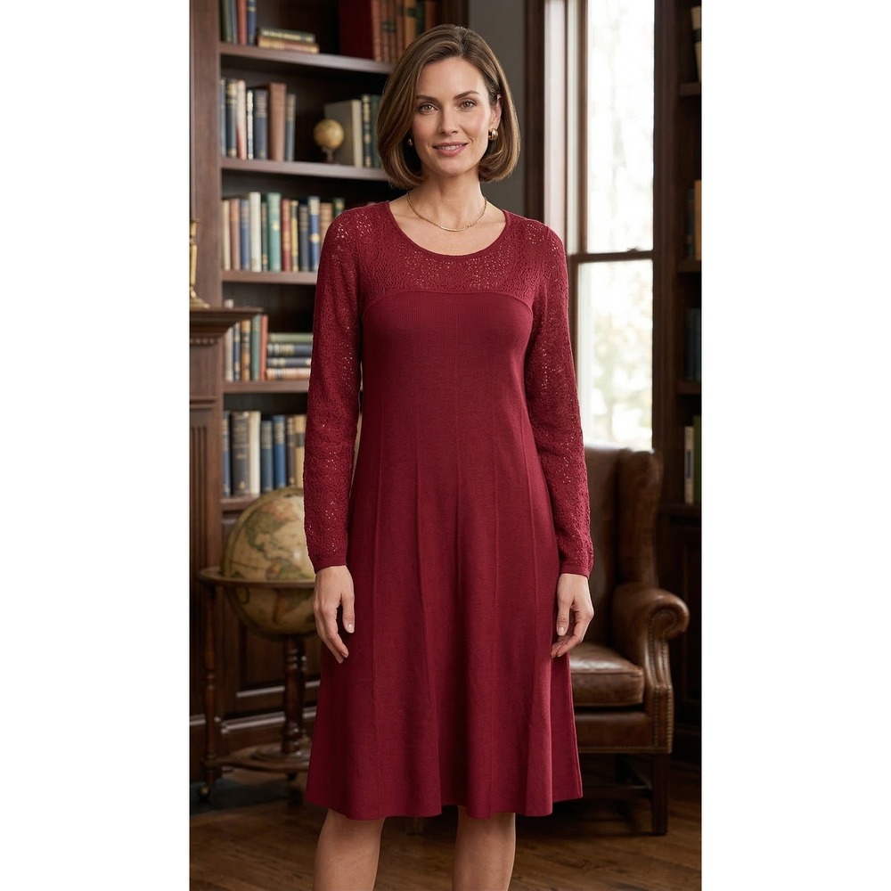 Y2K Peruvian‎ Connection Pointelle Knit Long Sleeve Dress XL Red Pima Cotton NWT